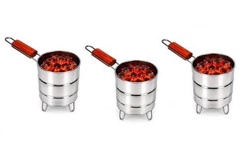 3er Set - Shisha Kohlebehälter, Anzündkamin, Kohlekorb für die Shisha, Wasserpfeife Kohle, Grillkohlekorb mit Holzgriff, Charcoal Basket - auch geeignet als Grillkohleanzünder für BBQ, Kamin, Grills
