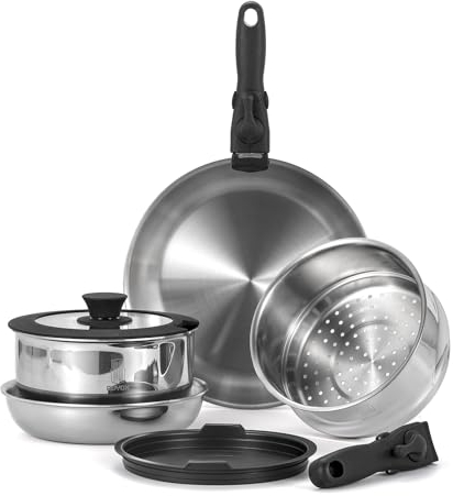ROYDX 18/10 Stainless Steel Pots and Pans Set with Steamer and Removable Handle, 10 Piece Stackable Induction hob pan Set, Frying Pans with Saucepan for All Stoves Oven Proof, for Single and Student