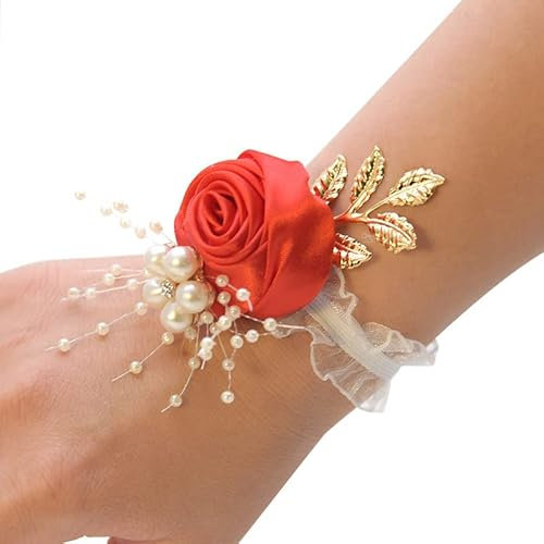 SYSUII Bracelet de poignet de mariage avec fleurs - Bracelet à fleurs - Main - Rose - Perle - Bracelet pour femme et fille - Cadeau de demoiselle d'honneur - Noël - Bal - Fête - Rouge
