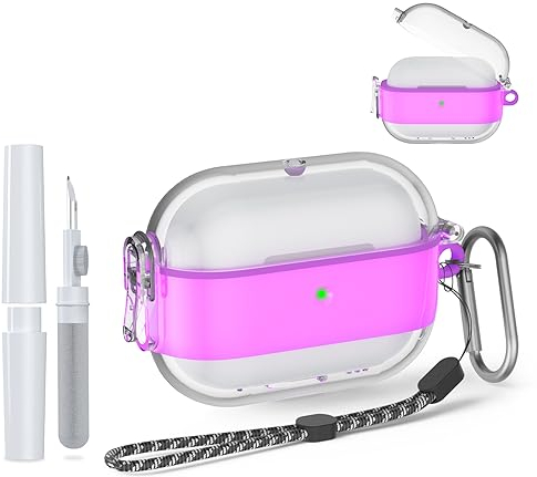[5 in 1] Hülle für AirPods Pro 2/1, MOWYEOK Durchsichtige PC Ganzkörper Schutzhülle Mit Schlüsselband/Metall Karabiner/Reinigungsstift/Entfernungswerkzeug,Für Apple Airpods Pro 2/1 - Lila