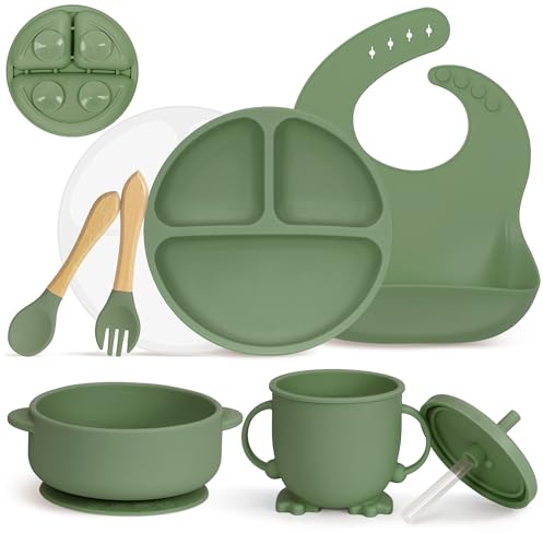 MOJINL Silikon Baby Geschirrset, Rutschfest Kindergeschirr Set mit Saugnapf, 7 Stück BPA Frei Esslernbesteck Sets mit Löffel Gabel Schüssel Lätzchen Baby Becher Trinklernbecher und Teller mit Deckel
