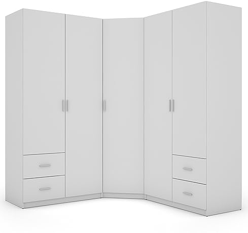 e-Meblast - 3-teilige Eckschrank - 189x214x54 cm - Ohne Spiegel - Schlafzimmer, Wohnzimmer Eck Ecke Eckeschrank - 20 Einlegeböden - 4 Schubladen - 3 Kleiderstange - Schrank - PVC-Kante - Weiß/Weiß