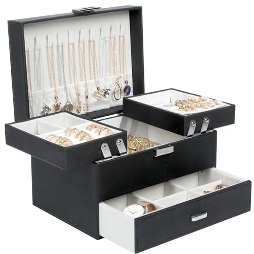 Dajasan Portagioie Donna, Porta Gioie, 3 Livelli di Scatola Portagioie Grande con 1 Cassetto, Portagioie in Pelle, Moderno Organizer Gioielli, Portagioie Adatto per Anelli, Collane, Orecchini (Nero)