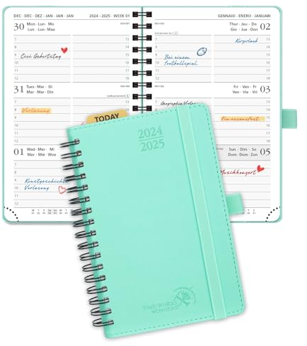 POPRUN Taschenkalender 2025 Klein (Aug.2024-Dez.2025) Ringbuch mit Softcover, ca. A6 (16 x 10,5 cm), Kalender 2025 Klein - Terminplaner 1 Woche 2 Seite mit Plastiklineal - Mintgrün