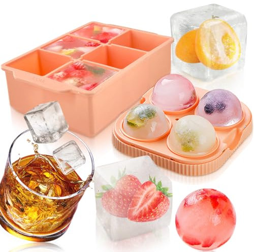Super Large Ice Cube Moulds, Big Round Ice Ball Maker Giant 6.5cm + Extra Large Ice Cubes Tray Square 5cm, 2 Pack Silicone Ice Bins Drinks Whisky Cocktail Cool for Longer Easy Release,Clear Lids