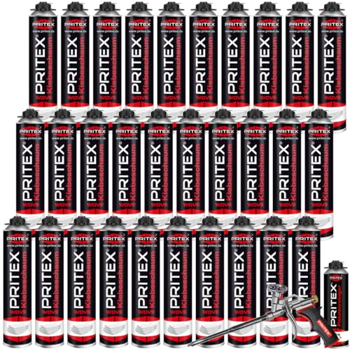 PRITEX - WDVS Klebeschaum MEGA Set 30 x 750 ml inkl. Bauschaumpistole und Pistolenreiniger zum Isolieren, Fixieren & Befestigen /// Bauschaum Dämmstoffkleber mit sehr guter Haftung