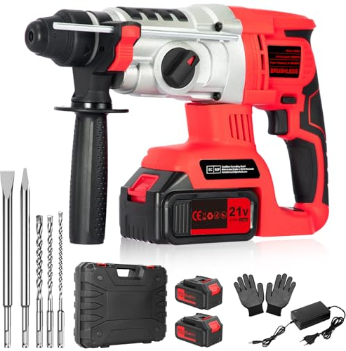 Martello Perforatore a Batteria 2 * 4.0Ah, 21V Martello Demolitore SDS Plus, Martello Tassellatore a Batteria, 3 Trapani, 2 Scalpelli, Adatti per Cemento, Muratura, Pareti, 4 in 1 Funzioni