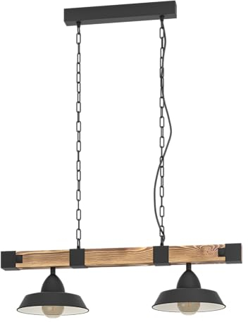 EGLO Hängelampe Oldbury, 2 flammige Vintage Pendelleuchte im Industrial Design, Pendellampe aus Stahl und Holz, Farbe Schwarz, braun rustikal, E27, 86 cm, FSC zertifiziert