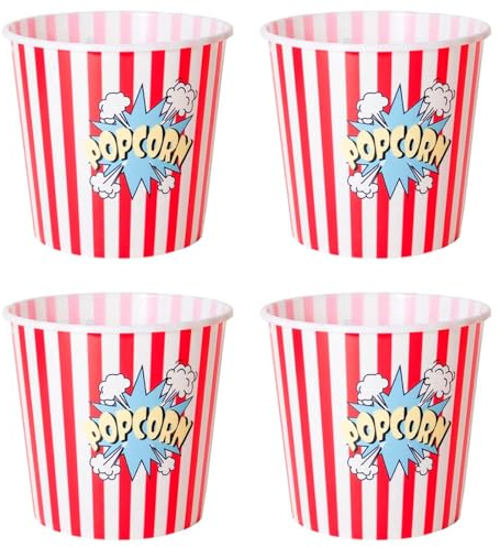 Acan Tradineur - Pack de 4 Cubos de Palomitas Redondos de plástico, Recipiente Reutilizable para Cine en casa, Fiestas, Celebraciones (Rojo y Blanco - 19 x 20,5 cm)
