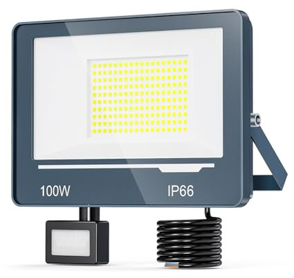 TOPAUBUB Spot LED Extérieur Detecteur de Mouvement 100W 10000LM - 6500K Blanc Froid Projecteur LED Exterieur Detecteur de Mouvement, IP66 Projecteur Extérieur avec Détecteur Jardin(1 Pièce)
