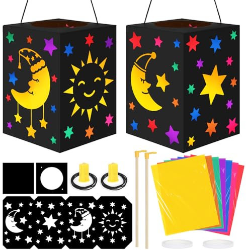 Sprinlot Laternen Bastelsets Kinder, 2 Stück Mond Sterne Laternen ca 14 x 20 cm mit Dekorative Lichter, Martins Laterne Bastelset, Geschenk Laternenfest Jungen Mädchen