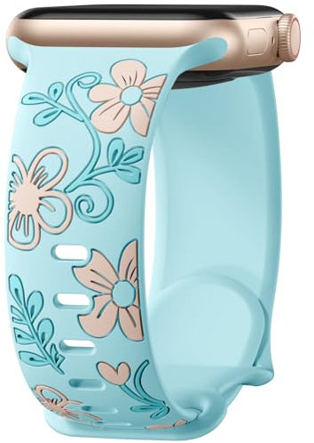 Mastten Cinturino floreale compatibile con cinturini Apple Watch da 40 mm, 41 mm, 42 mm, 38 mm, da donna, in silicone, con intarsio a fiore, per iWatch serie SE 10, 9, 8, 7, 6, 5, 4, 3, 2, 1, celeste