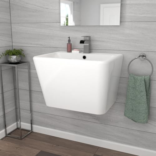Nes Home White Modern Rectangle Square Wall Hung Ceramic Basin