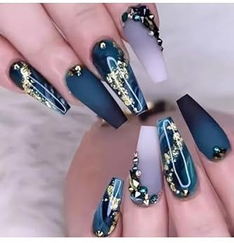 London2gifts Marbled Fake Nails, Rhinestone Coffin Dark Blue Press-On Nails, 24 Pieces with Glue Tabs