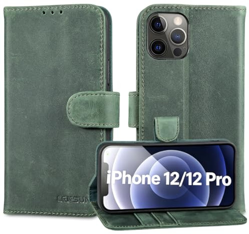 LENSUN Lederhülle für iPhone 12, iPhone 12 Pro Echtes Leder, Retro Grün | Echtleder Handyhülle, Standfunktion, Robuste Schutzhülle, Wallet Hülle, Flip Handytasche