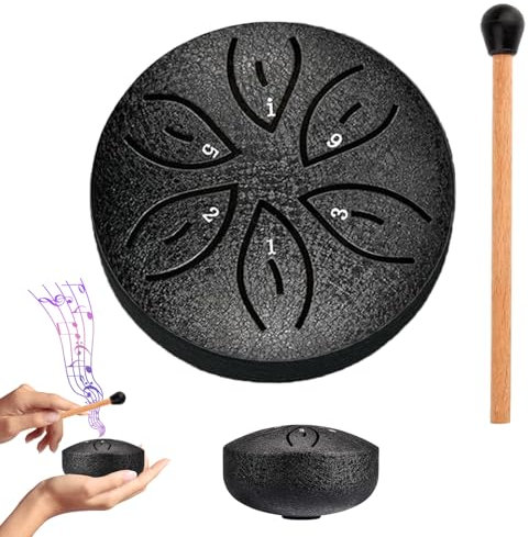 Pan Tongue Drum, 6 Töne Pan Drum Percussion, Handpan Instrument Stahlzungentrommel, Töne Steel Tongue Drum, 6 Töne Zungentrommel, Regentrommel, für Meditation Yoga Klangheilung (Schwarz）