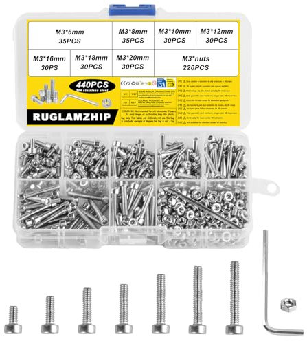 440 Pezzi Set di Viti M3, Viti Brugola Kit, Viti a Esagono Incassato e Dadi, Bulloni a Testa Cilindrica con Chiave