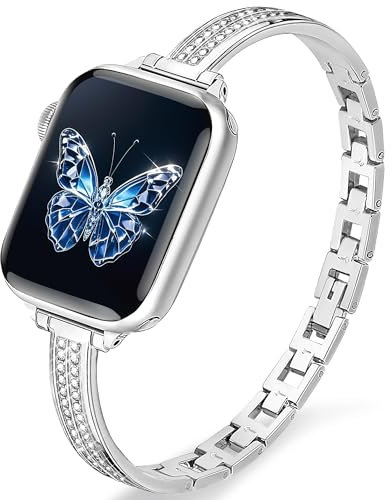 Ocaer Compatible with Apple Watch Straps 42mm 41mm 40mm 38mm, Bling Metal Strap for iWatch Series 10 SE 9 8 7 6 5 4 3 2 1, Slim Sparkly Jewelry Apple Watch Bracelet Band for Women Girl(Silver)