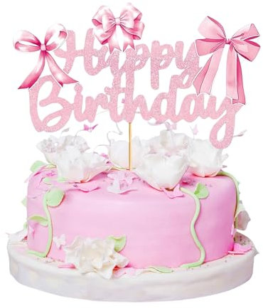 Kotkiddy Toppers de Gâteau avec Nœud, décoration de gâteau avec Nœud, décoration d'anniversaire Coquette, Topper de gâteau Rose avec Nœud, Toppers de gâteau Coquette pour Filles, Femmes, Princesses