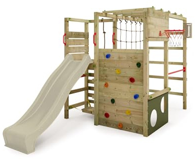 FATMOOSE Spielturm Klettergerüst ActionArena Air mit salbeigrüner Rutsche, Outdoor Kinder Kletterturm mit Leiter, Basketballkorb & Spiel-Zubehör für den Garten