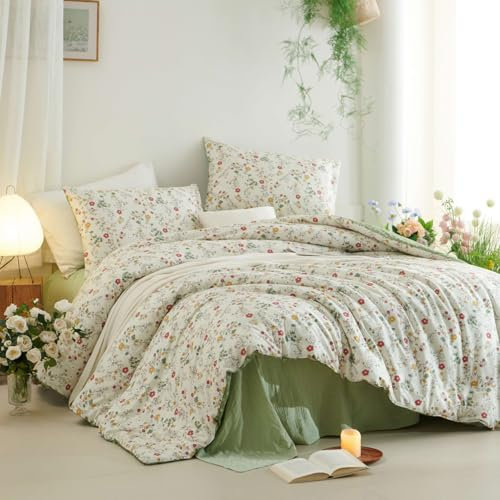 Tospass Baumwolle Bettwäsche Set 135x200cm Beige Rot Bunt Blumen Floral Mädchen Wendebettwäsche Blumenmuster Kinder Bettbezug mit Reißverschluss und Kissenbezug 80x80cm