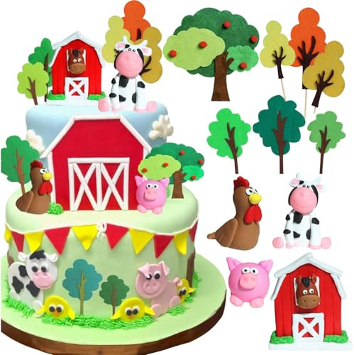 Bauernhof Party Kuchen Dekoration, Kinder Ranch Rustikale Geburtstagstorte Dekoration einschließlich Bauernhof Haus, Kühe, Hühner, Ferkel und verschiedene kleine Bäume