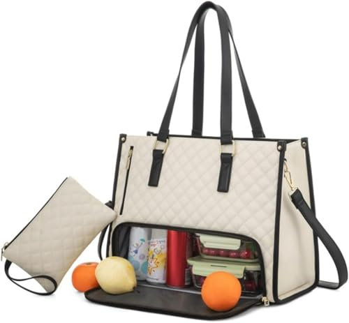 Sac fourre-Tout 2 en 1, Sac de déjeuner combiné, Sac fourre-Tout étanche de 15,6 Pouces avec Compartiment déjeuner Isotherme, Sac à Main d'ordinateur de Grande capacité pour Femme, Sac à Main pour