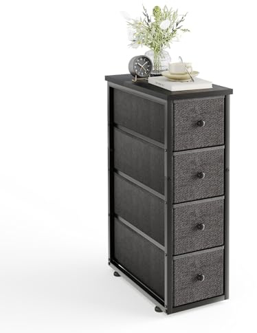 MUTUN Narrow 4 Drawers Chest Dresser, Bedroom Fabric Storage Drawer with Wood Top, Tall and Slim Cupboard Nightstand End Table Organizer Unit for Bathroom, Hallway, Living Room, Closet, Office Black