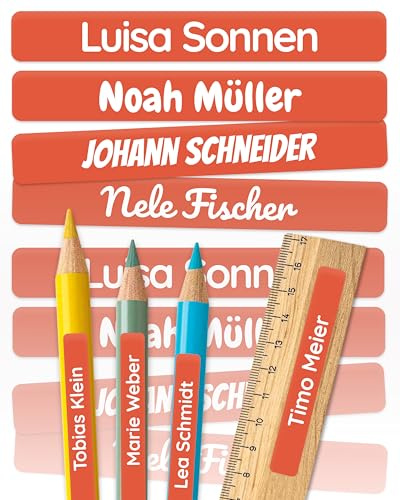 melu kids® Namensaufkleber Kinder für Schule & Kita (150 Stk, Rot) | Personalisiert & Spülmaschinenfest, Aufkleber mit Namen für Stifte und Schulsachen, Klebeetiketten