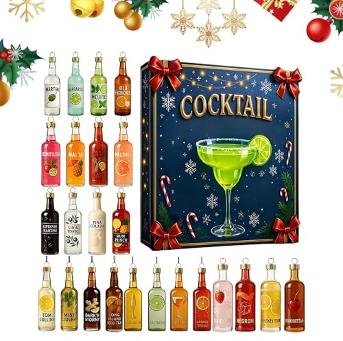 Cocktail-Adventskalender 2026, 24-Tage-Weihnachts-Countdown-Kalender mit 24-teiligem Cocktail-Anhänger, 2D-Acryl-Cocktails, saisonale Dekoration, Countdown-Kalender für K-ranz-Festival-Planer, Haustür