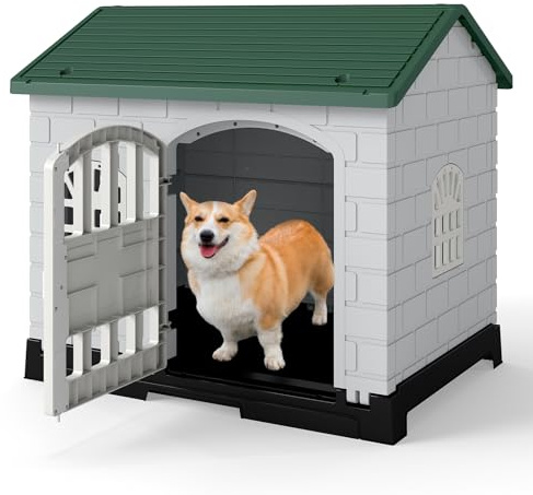 COSTWAY Hundehütte Outdoor, wetterfestes Hundehaus mit Tür, 3 Fenstern, ausnehmbarem Boden & Satteldach, Haustierhaus für kleine & mittelgroße Hunde Katzen, Hundekäfig Indoor, 75 x 57 x 68 cm (Grün)
