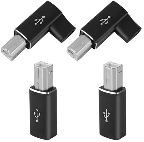 BTFO 2 Pcs USB B to USB C Adapter & 2 Pcs 90 Degree USB-C to USB-B Adapter, Type C MIDI Converter Compatible with Printer Electric Piano Scanner Laptops and Type-C Devices