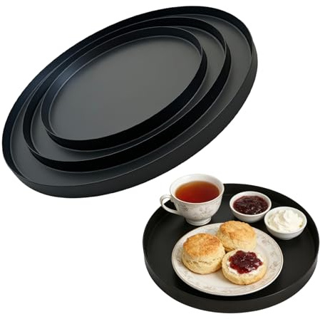 3 Stück Tablett Schwarz Deko Tablett Rund Serviertablett Metall Dekoteller für Kosmetik Dessert Kerzen 15 cm 25 cm und 30 cm Dekotablett für Partys, Zuhause, Bars & Restaurants