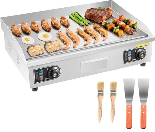 VEVOR Plancha Eléctrica 4000 W 655 x 400 mm, Control de Temperatura 50 a 300 °C, Parrilla de Encimera de Acero Inoxidable con Superficie Plana, 4 Almohadillas para los Pies, para Carne (Sin Enchufe)