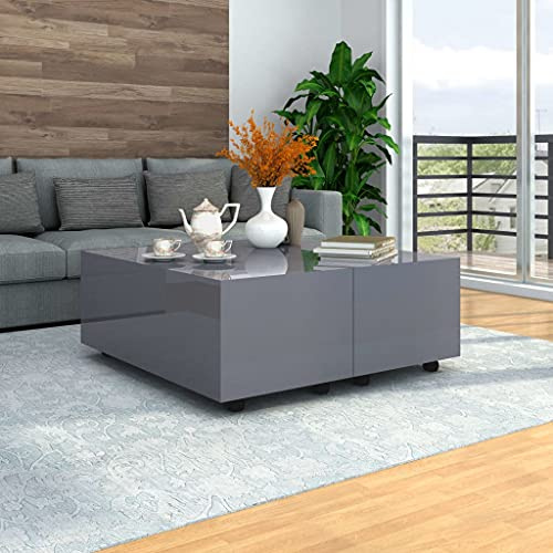PHGTYUK Table basse extensible en verre gris brillant 100 x 100 x 35 cm avec roues verrouillables et plateau extensible en bois