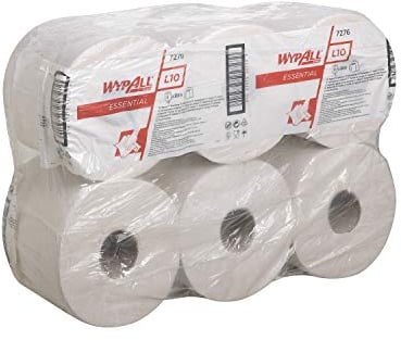 WypAll L10 Essential Wiping Paper 7276 - Centrefeed Roll - 6 Rolls x 300m White Paper Wipers (1,800m total)