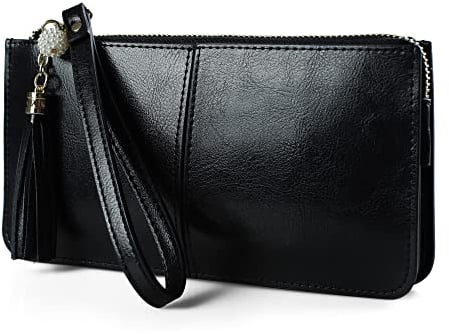 befen Genuine Leather Wristlet Bags Small Clutch Wallet Cell Phone Bag Ladies Purse and Handbag with Tassel Wrist Strap & Card Slots, Zip Pocket Coins Compartment
