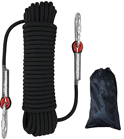 Climbing Rope, 10mm Outdoor Static Rock Climbing Cord, High Strength Safety Nylon Rope 2 Carabiner, for Escape, Fire Rescue, Camping, Dockside Mooring, Fixing, Black Length 20m
