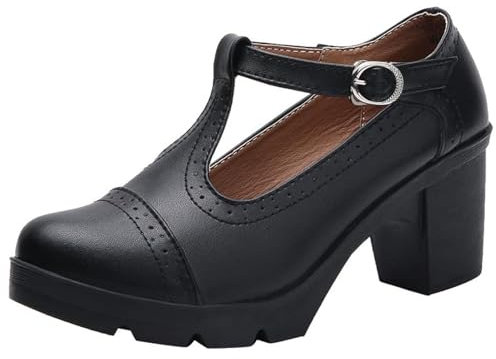 PPXID Women's T-Strap Mary Jane Pumps Dress Oxfords Mid Block Heel Platform Court Shoes Black 5 UK