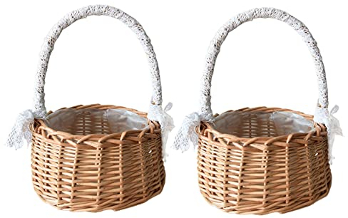 ASSR Gewebter Aufbewahrungskorb mit Griff und Band, Hochzeitskörbe, Rattan-Blumenkorb für Zuhause, Garten, Dekoration, A1, 2 Stück