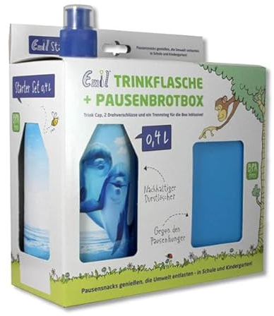 Emil Trinkflasche aus Glas inkl. Brotbox & Ersatzverschlüsse – Starterset zur Einschulung - BPA-frei & schadstofffrei, isolierend – Ziehverschluss für Wasser, Saft & Milch – Sea Life (0,4l)