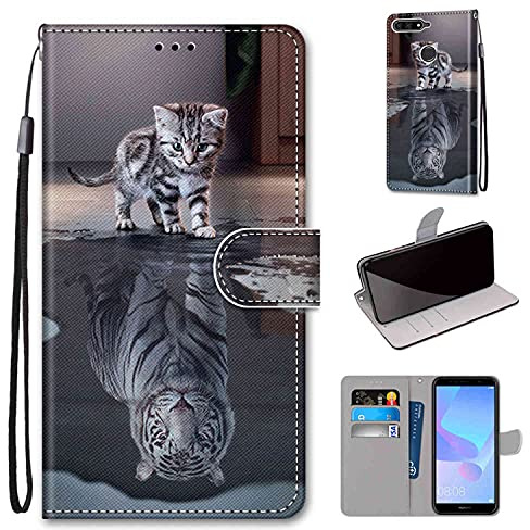 TOMYOU Handyhülle für Huawei Y6 2018 / Honor 7a Hülle, Katze und Tiger | Standfunktion, Kartenfach, Magnetisch, Stoßfeste Schutzhülle, Flip Leder, Klapphülle