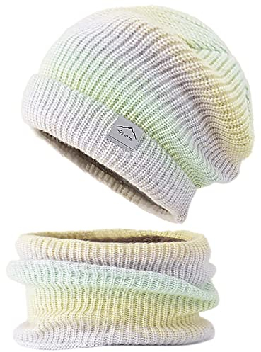 WANYIG Wintermütze Strickmütze mit Schal Damen Warme Mütze Beanie Herbst Winter Schal und Mütze Set 56-60CM (Farbverlauf Gelb)