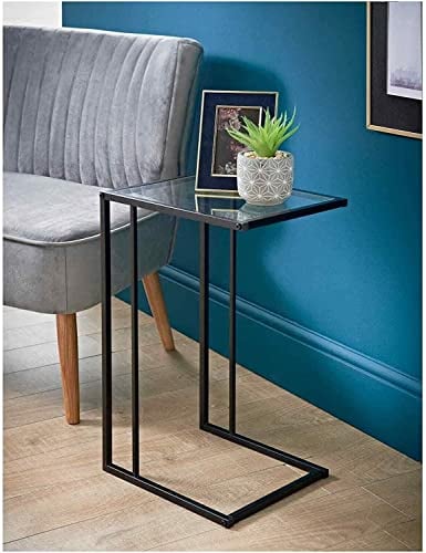 Yorkshire Homeware C Shaped End Table Metal Frame Tempered Glass Top Sofa Side Table, Overbed Snack Coffee Table Laptop Desk for Living Room, Bedroom and Office (Clear Glass)