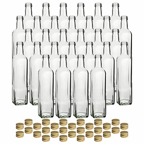 gouveo 30er Set Glasflasche 500 ml Maraska mit Schraubverschluss goldfarben - Leere Flasche aus Glas mit Deckel zum Befüllen - Likörflasche, Ölflasche, Essigflasche (MFET500G)