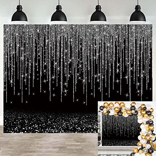 Black and Silver Glitter Sparkle Backdrop Adult Kids Happy Birthday Photography Background Black Bokeh Dots Wedding Birthday Party Decoration Banner 2,1 x 1,5m