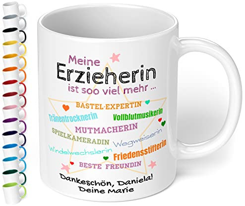 Tasse personalisiert Meine Erzieherin ist soo viel mehr - Dankeschön Kaffeetasse mit Spruch als Abschiedsgeschenk Kindergarten Kita für Erzieherin, Tagesmutter - spülmaschinenfest (Weiß)