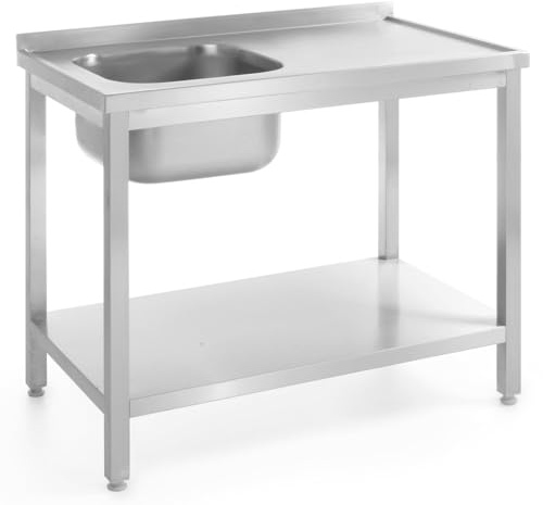 HENDI Einzelspültisch, links mit Ablage, zur Selbstmontage, Verstellbare Füße, Beckengröße: 400x400x(H)250mm, Abfluss: ø52mm, Öffnung für Wasserhähnen: ø30mm, Spüle links, 1000x700x(H)850mm,Edelstahl