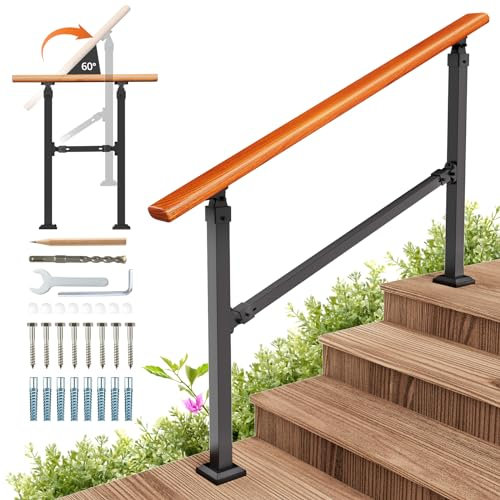 UOKRR 4 Stufen Handläufe für Außentreppen, Innentreppen Geländer Baustahl Metall Handläufe für Veranda, Betonstufen außen, Holztreppen passen 1 bis 4 Stufen Holzmaserung Design mit Installationsset