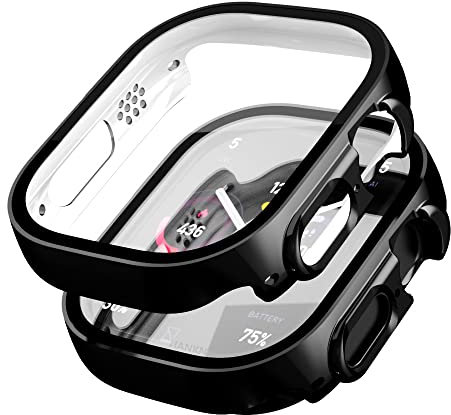 HANKN 2 Piezas Chapado Funda para Apple Watch Ultra 2 1 49mm Protector de Pantalla Vidrio Templado Funda, Dura Cobertura Completa Iwatch Estuche (49mm, Negro+Negro)